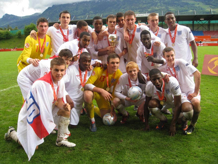 The England U17 team celebrate their European triumph in Liechtenstein.